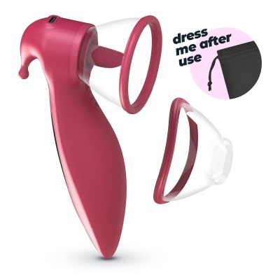 Máquina massageadora cor de rosa com bolsa preta e texto dress me after use