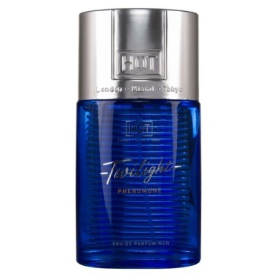 Frasco azul de perfume para homem com tampa prateada e texto decorativo