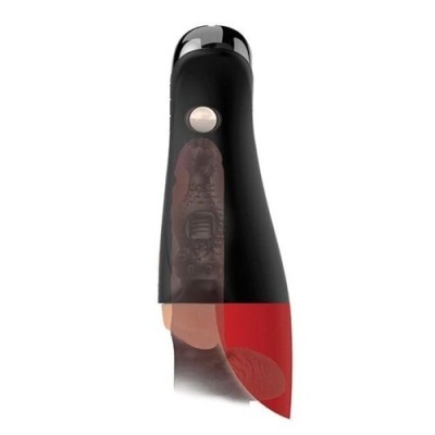 Dispositivo preto e vermelho com botão prateado, textura translúcida, fundo branco