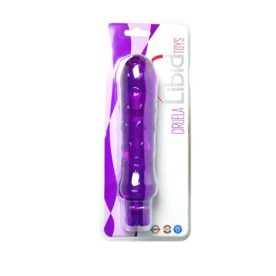 Vibrador roxo translúcido com textura e embalagem branca com texto e ícones.