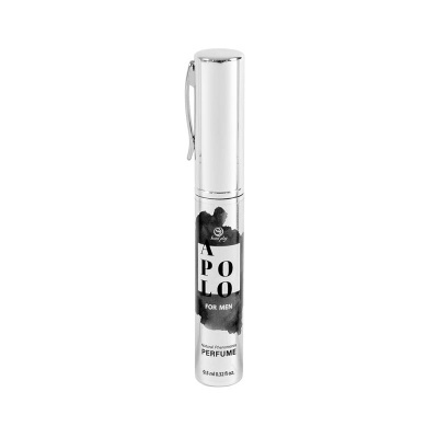 Frasco prateado de perfume Apollo for Men com tampa prateada e texto preto