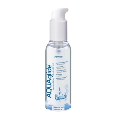 Frasco transparente com tampa de bomba branca de lubrificante AQUAglide.