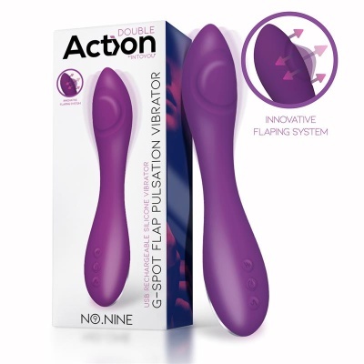Vibrador roxo de silicone com embalagem e ilustração do sistema inovador de batimento.
