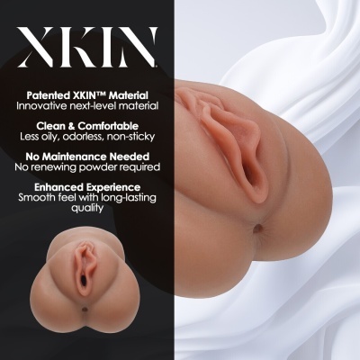 Produto em silicone realista com texto sobre material patenteado XKIN