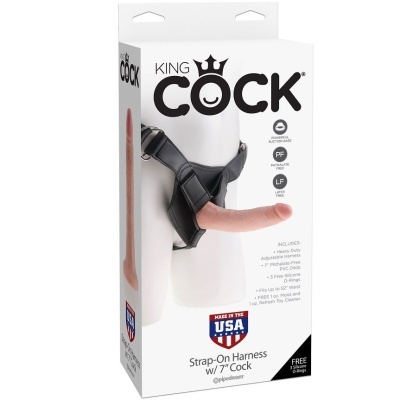 Caixa de arnês com dildo e informações do produto