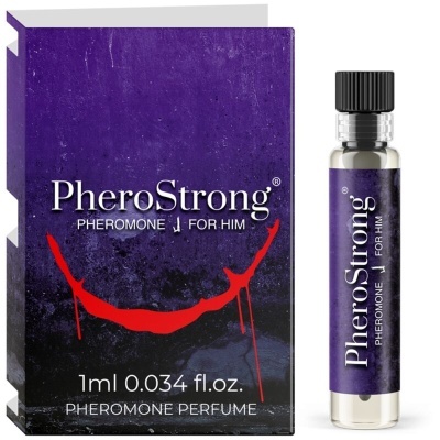 Frasco de perfume PheroStrong para homem e embalagem roxa com texto branco.