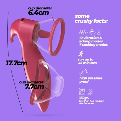 Dispositivo vermelho com copas translúcidas e informações técnicas num fundo roxo