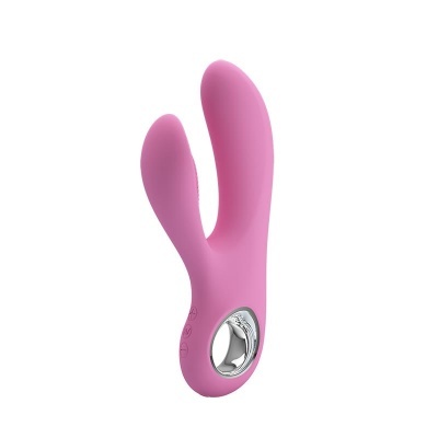 Vibrador cor-de-rosa com duas hastes e controle na base