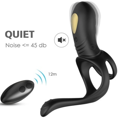 Dispositivo preto com controlo remoto e texto QUIET Noise