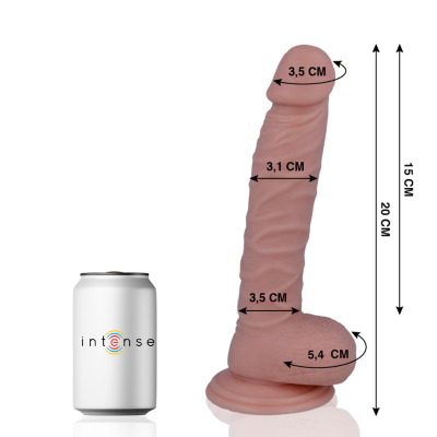 Dildo cor pele com medidas e lata branca ao lado com texto intense