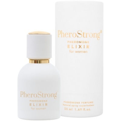 Perfume PheroStrong Pheromone Elixir para mulheres com embalagem branca e detalhes dourados