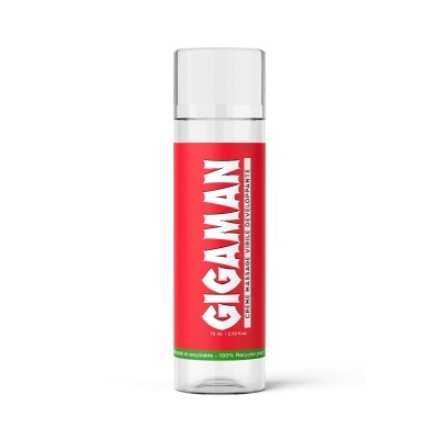 Frasco com tampa branca e rótulo vermelho com texto GIGAMAN
