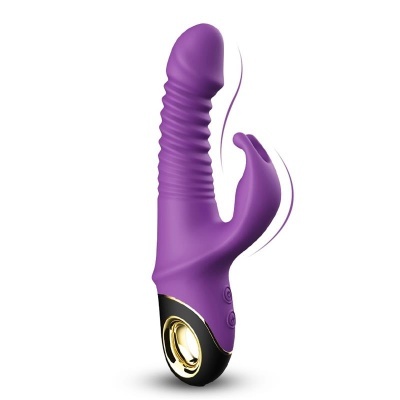 Vibrador roxo com base preta e dourada isolado em fundo branco