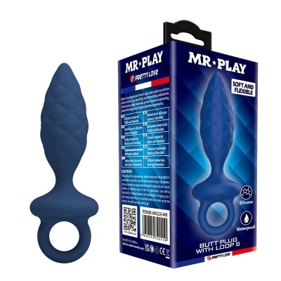 Plug anal azul com textura riscada e embalagem escura com textos diversos