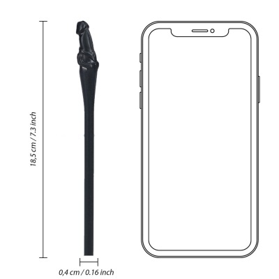 Palito comprido preto com decoração esculpida na ponta ao lado de desenho de telemóvel para escala.