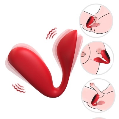 Imagem de vibrador vermelho com duas extremidades e zonas de contacto no corpo