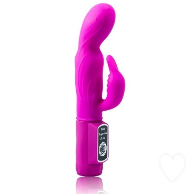 Vibrador rosa em silicone com estimulador clitoriano e etiqueta com texto