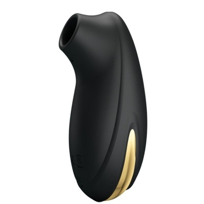 Dispositivo preto com detalhe dourado e forma ergonómica em fundo branco