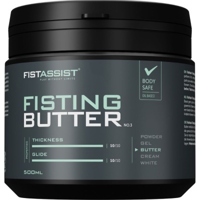 Recipiente preto com rotulagem cinzenta de Fisting Butter No.3 de 500ml