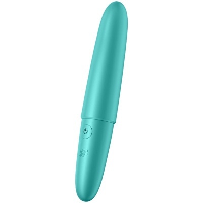 Vibrador azul turquesa com botão de ligar e símbolo SÆ