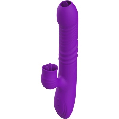 Vibrador roxo com textura ondulada e botões na base