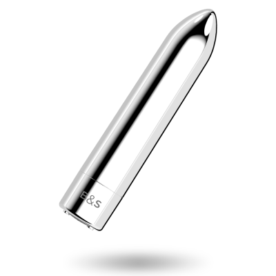 Vibrador cilíndrico prateado com inscrição B&S