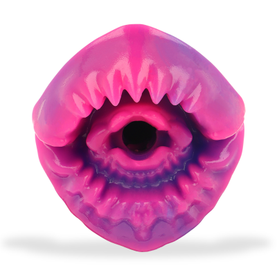 Objeto rosa e roxo em forma de boca com abertura circular