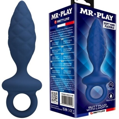 Plug anal azul escuro em silicone com textura e base com anel próximo à embalagem azul
