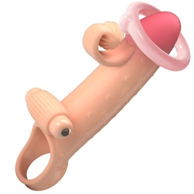 Produto de silicone cor de pele com textura pontilhada e detalhes cor de rosa