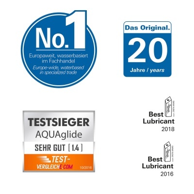 Selos azuis com textos em alemão e inglês sobre produto número 1 e 20 anos.