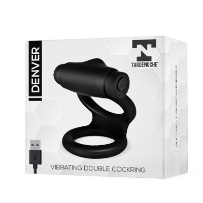 Embalagem branca com anel vibratório preto e cabo USB