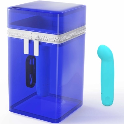 Estojo azul translúcido com fecho branco e objeto azul claro ao lado