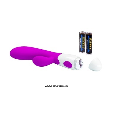 Vibrador roxo e branco com pilhas AAA e texto 2AAA BATTERIES