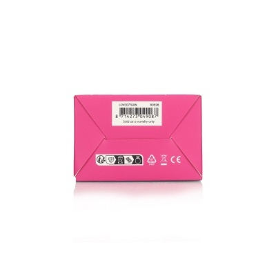 Embalagem rosa com código de barras e ícones de reciclagem