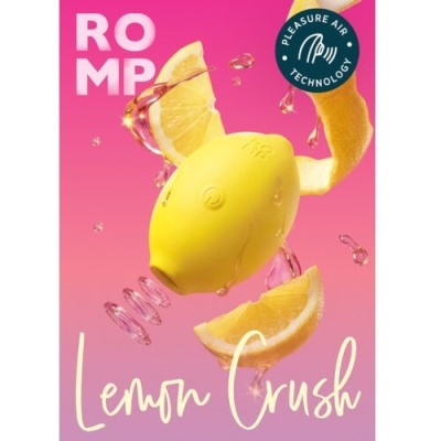 Produto amarelo em forma de limão com fatias de limão e gotas, fundo rosa, texto ROMP e Lemon Crush.