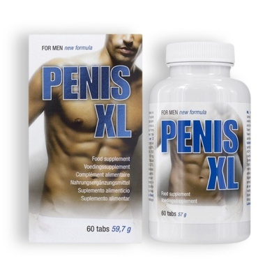 Suplemento alimentar PENIS XL para homens em embalagem branca com imagem de tronco masculino