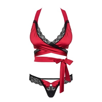 Conjunto de lingerie feminino vermelho com renda preta e laço.
