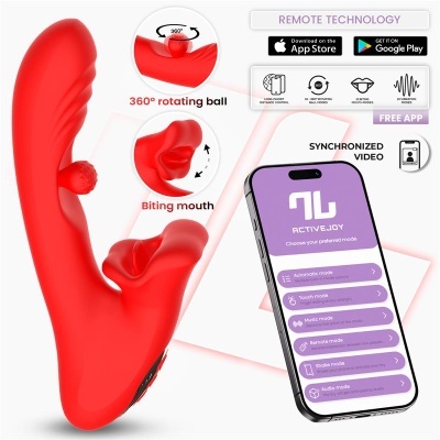 Produto sexual vermelho em silicone com bola giratória e boca mordedora ao lado de smartphone com app ActiveJoy