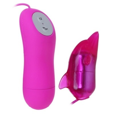 Controle remoto rosa com botão cinza e dispositivo golfinho transparente rosa