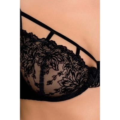 Soutien preto rendado com padrão floral e tiras finas