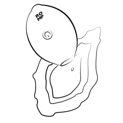 Desenho a preto e branco de saboneteiro com sabonete e palavra ROOMP