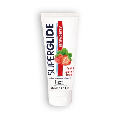 Frasco branco de lubrificante com sabor a morango e texto SUPERGLIDE strawberry.