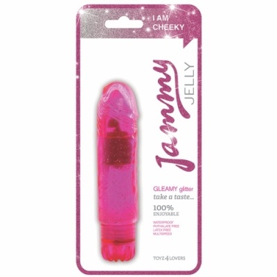 Embalagem de vibrador rosa translúcido com glitter e texto promocional