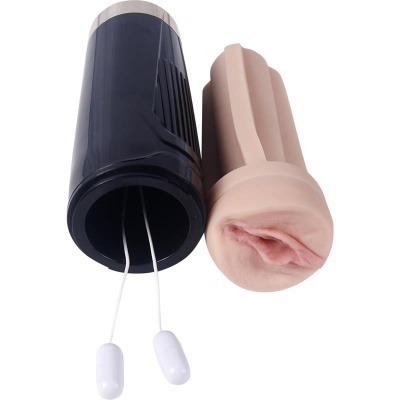 Aparelho masculino de silicone com invólucro preto e fios com cápsulas brancas