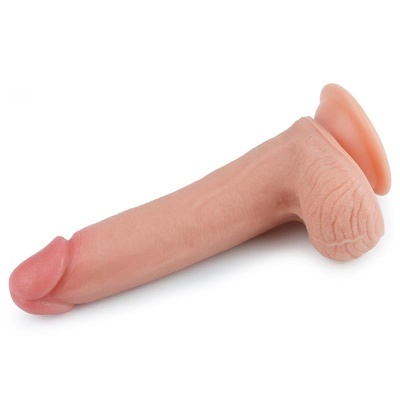 Dildo realista com ventosa, cor de pele, sobre fundo branco