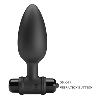 Plug anal preto com base e botão de vibração