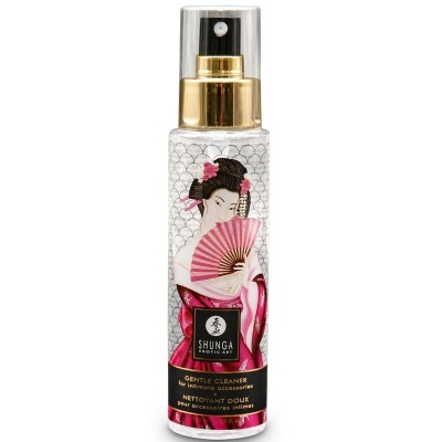 Frasco spray para limpeza íntima com ilustração japonesa e texto em inglês e francês