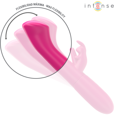 Vibrador rosa com indicação de flexibilidade máxima e texto em espanhol e inglês