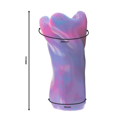 Objeto translúcido roxo e rosa com medidas em milímetros em fundo branco.
