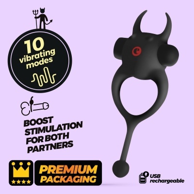 anel vibrador preto com dois chifres e texto promocional